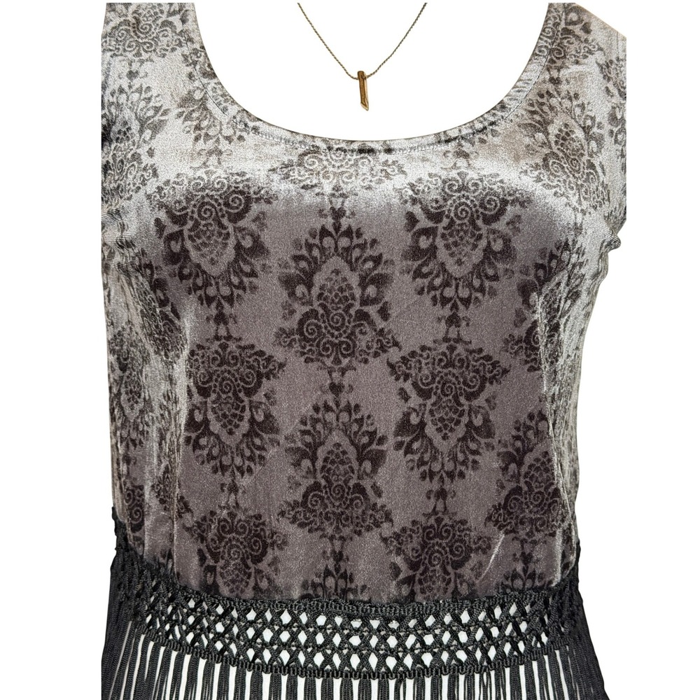 Y2K Velour Burnout Fringe Hem Tank Top Womens S Boho Festival Indie Sleaze USA - Picture 3 of 9